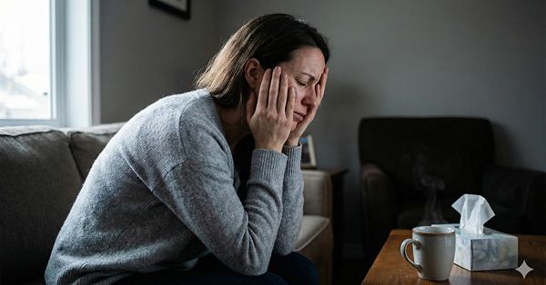 Žena drži ruke na licu zbog bola od upale sinusa i pritiska u predelu obraza i čela