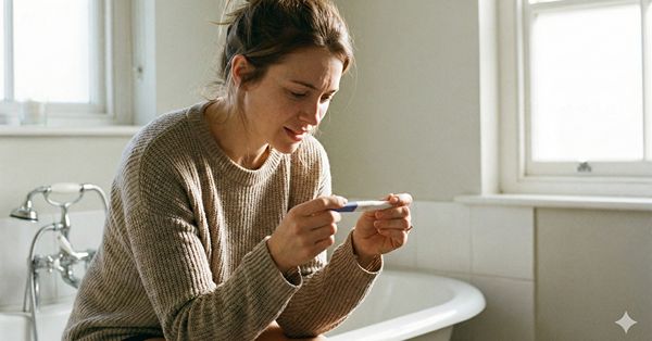Žena drži test za trudnoću u rukama i čeka rezultat