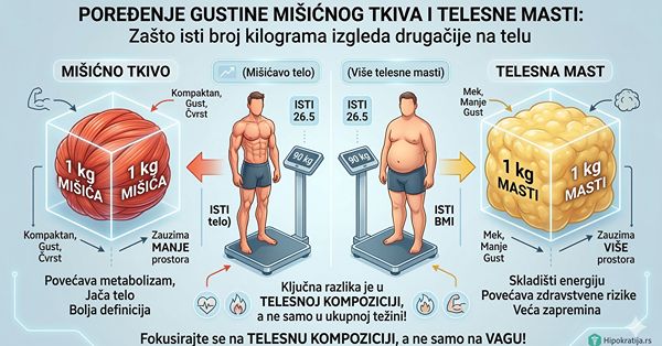 infografika Poređenje gustine mišićnog tkiva i telesne masti: Zašto isti broj kilograma izgleda drugačije na telu.