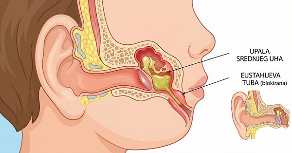Anatomski prikaz srednjeg uha i Eustahijeve tube kod upale uha kod dece